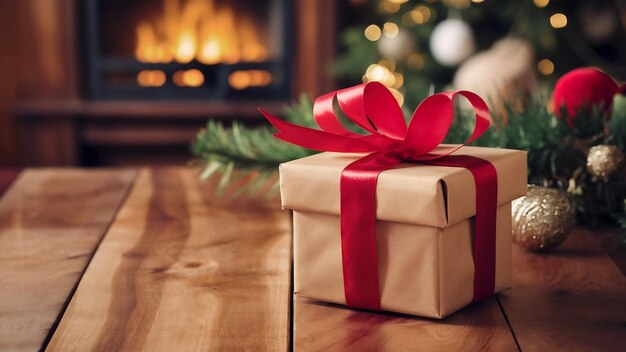 Box of present with red ribbon bow on wooden background