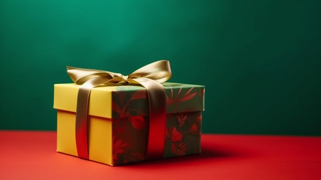 A box of presents with a gold ribbon tied around it