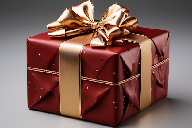 a box of red christmas gift wrapped in gold ribbon.