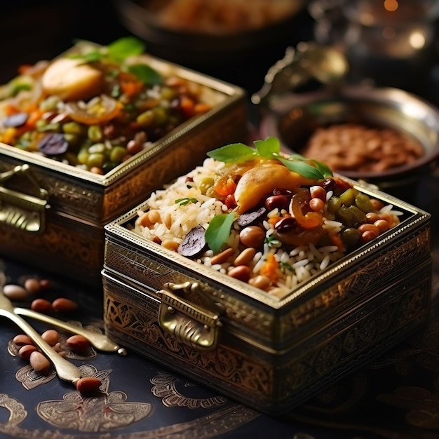 a box of rice with beans and rice