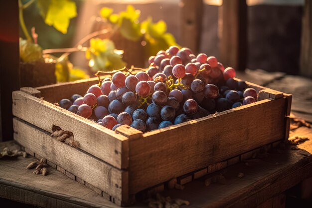 Box of ripe grapes on the background of nature Agriculture and harvesting concept of ripe grapes on the background of nature Ai generated