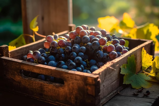 Box of ripe grapes on the background of nature Agriculture and harvesting concept of ripe grapes on the background of nature Ai generated