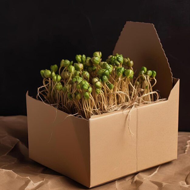 box of sprouts on brown paper in the style of childlike simplicity