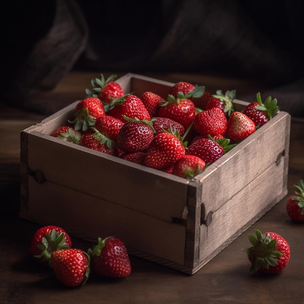 Box of strawberries in a black background