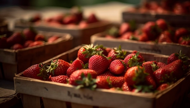 A box of strawberries is displayed in a store.