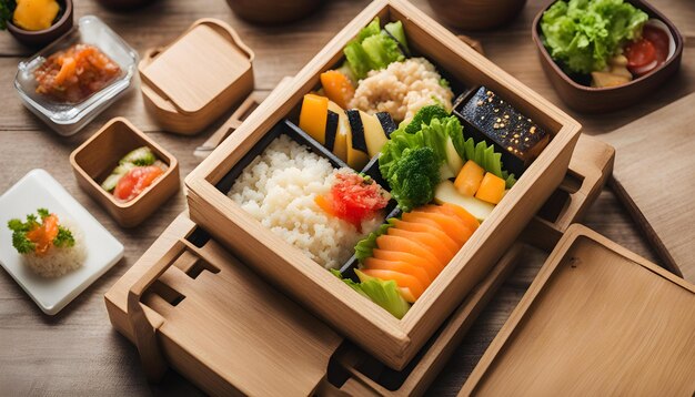 Photo a box of sushi with a bottle of soda