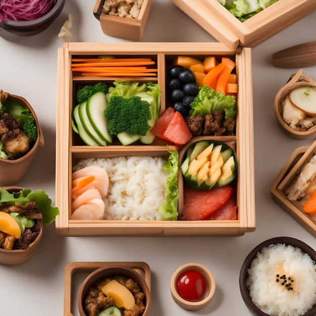 a box of sushi with different types of food in it