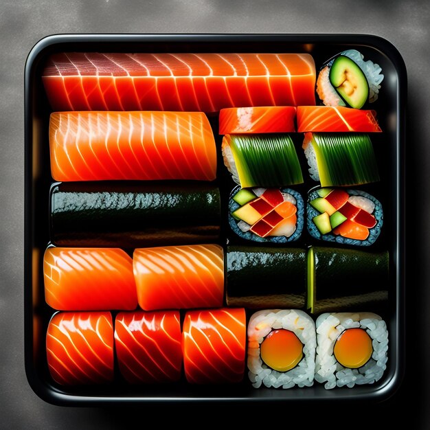 さまざまな種類のサーモンが入った寿司の箱。