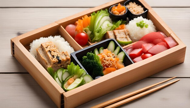 a box of sushi with different types of sushi in it