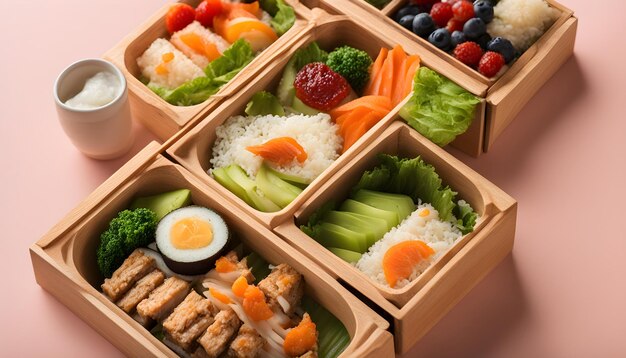 a box of sushi with an egg and some other food