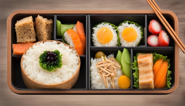 Photo a box of sushi with rice rice and sushi