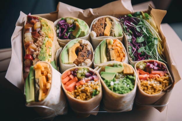 Box of tasty and affordable vegan wraps ready to eat created with generative ai