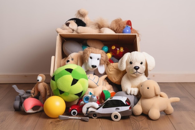 Коробка с игрушками и аксессуарами, готовая к выбору владельца домашнего животного, созданная с помощью генеративного ИИ