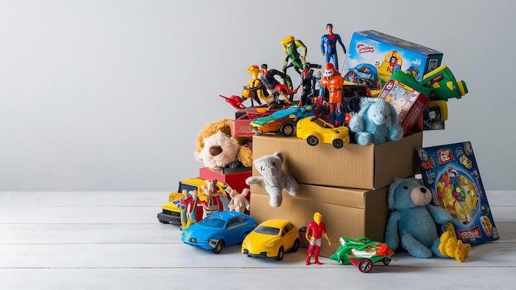 Photo a box of toys including a toy horse and a toy