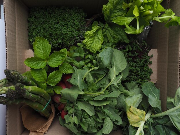 A box of vegetables including asparagus, asparagus, and asparagus.