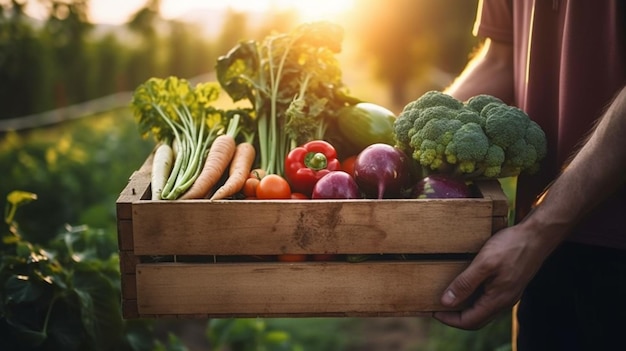 A box of vegetables is held in front of a sunset.