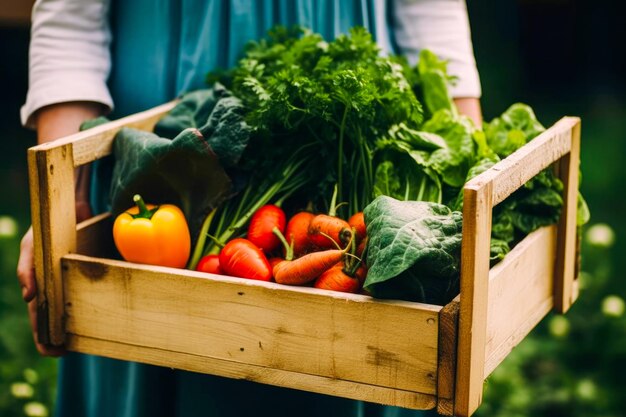 A box of vegetables is held in a person's hand.