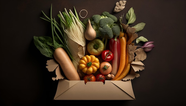 A box of vegetables is shown with a paper bag that says'organic'on it.