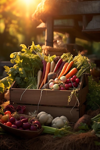 a box of vegetables and a sign that says quot fresh quot on it