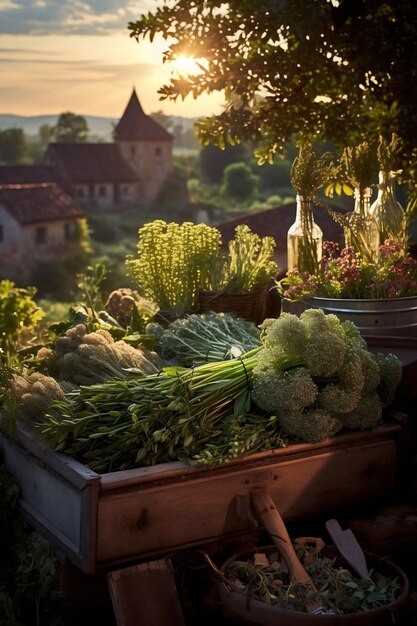 a box of vegetables with a house in the background