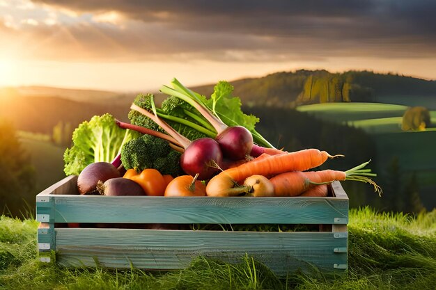 A box of vegetables with a sunset in the background