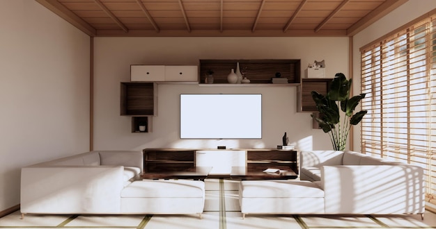 Настенный шкаф с полками в гостиной, диван в японском стиле, декоративная лампа и растения на белой комнате дзен3D рендеринг