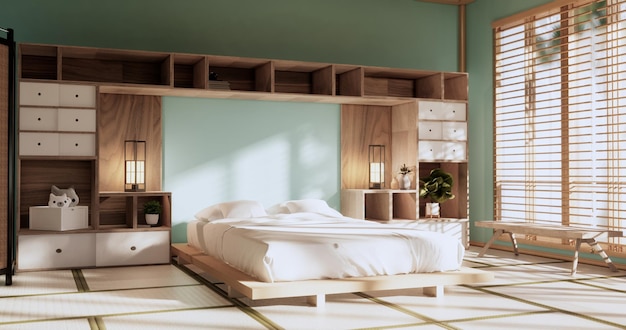 Box Wall Shelves on bed room japanese style tatami mat and decoration lamp and plants on mint zen room3D rendering