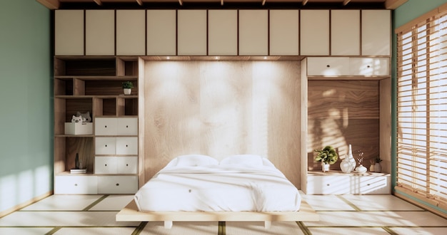 Photo box wall shelves on bed room japanese style tatami mat and decoration lamp and plants on mint zen room3d rendering