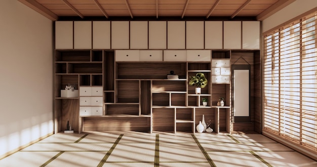 Scaffali a parete in soggiorno in stile giapponese tatami e lampada decorativa e piante su rendering bianco zen room3d