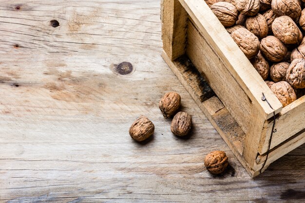 Box of walnuts. Harvest concept