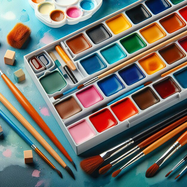 Box of watercolor paints and brushes for drawing on blue background banner