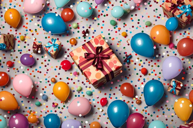 A box with a bow is surrounded by colorful confetti and balloons.