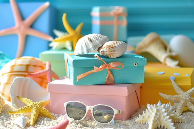 Photo a box with a bow sunglasses starfish and seashells on