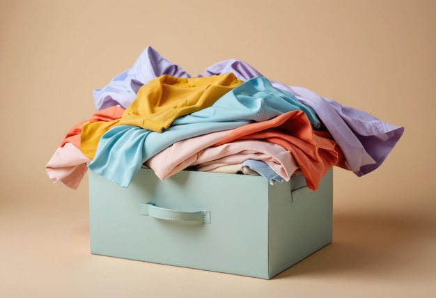 a box with a bunch of colorful clothes on it