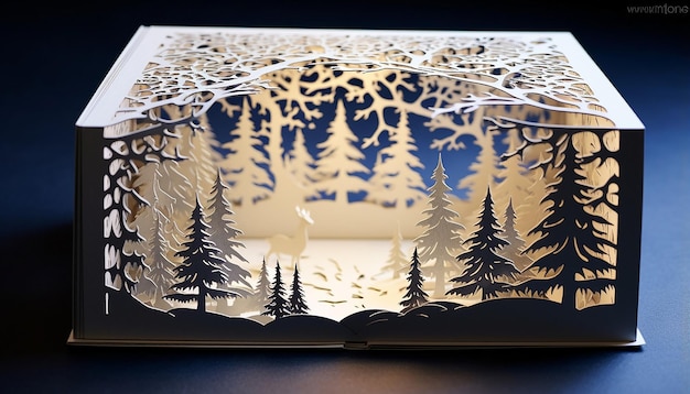 Foto una scatola con alberi di natale con la neve all'interno di un libro di diorama a strati tagliati in carta