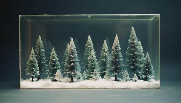 A box with christmas trees with snow inside in the style of staged photography
