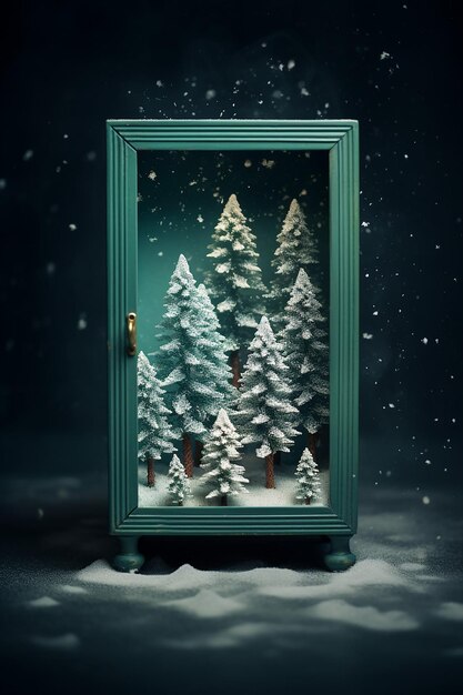 Photo a box with christmas trees with snow inside in the style of staged photography