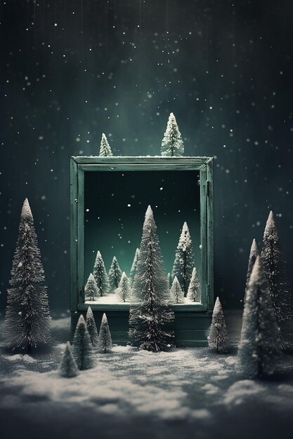 A box with christmas trees with snow inside in the style of staged photography