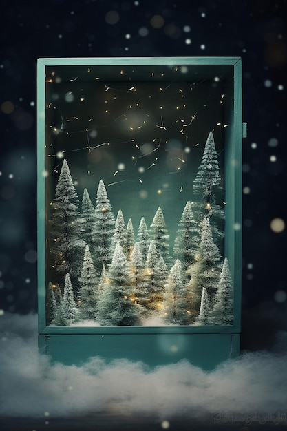 a box with christmas trees with snow inside in the style of staged photography