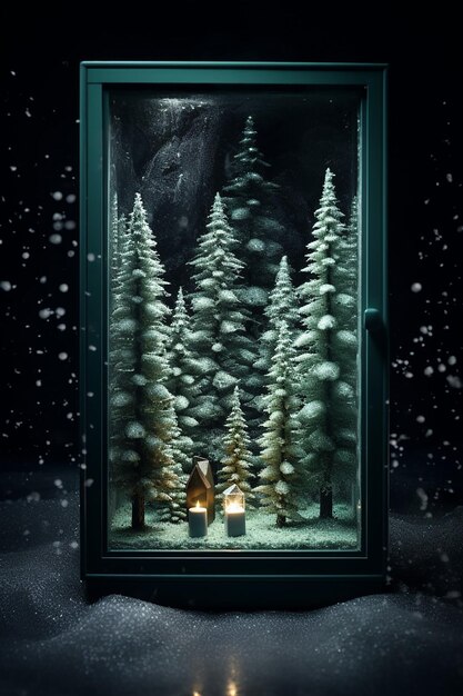 a box with christmas trees with snow inside in the style of staged photography