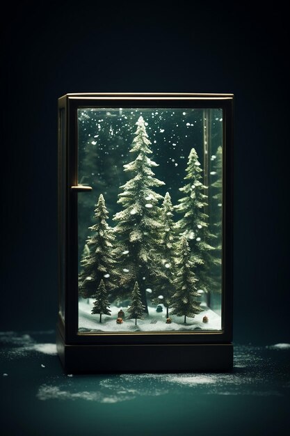 a box with christmas trees with snow inside in the style of staged photography