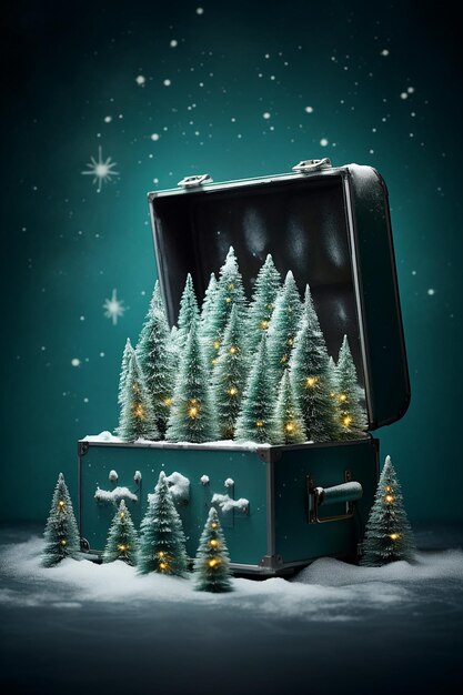 A box with christmas trees with snow inside in the style of staged photography