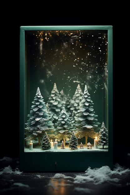 a box with christmas trees with snow inside in the style of staged photography