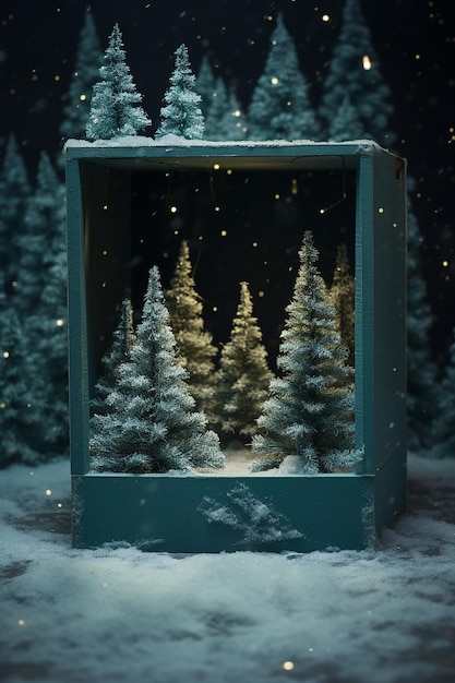 a box with christmas trees with snow inside in the style of staged photography