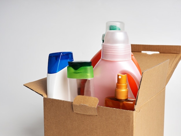 Box with cleaning products for home cleaning, the concept of hygiene in the house