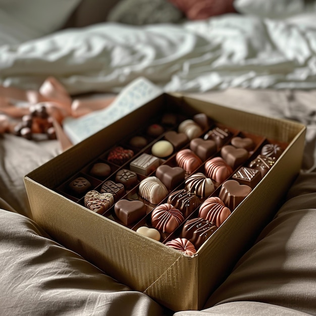 Box with delicious chocolate candies on bed closeup Space for text
