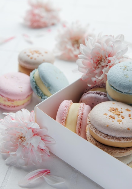 Box with delicious colorful macaroons and chrysantemum flowers