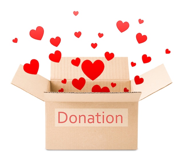 Box with donations and red hearts flying out of it on a white isolated background