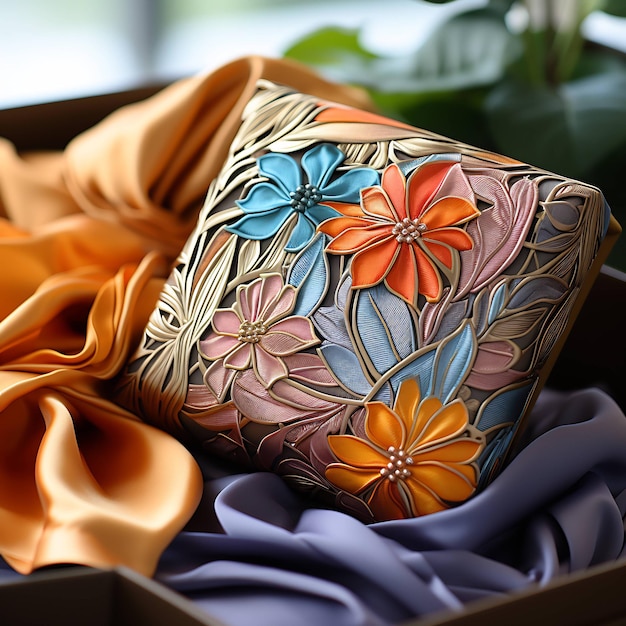 a box with a floral design on it and a colorful cloth in the middle