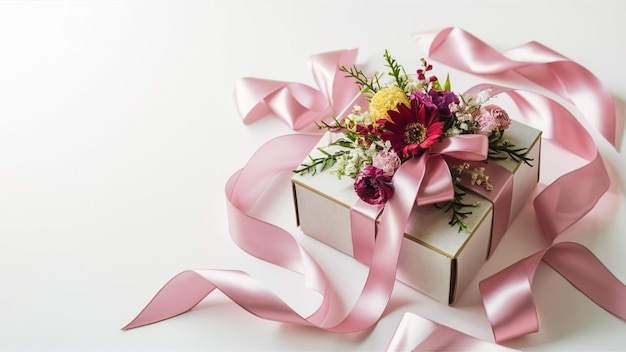 a box with flowers and a pink ribbon on it